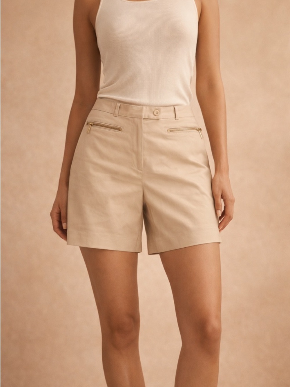 Michael Kors Beige High-Rise Tailored Bermuda Shorts with Gold Zippers